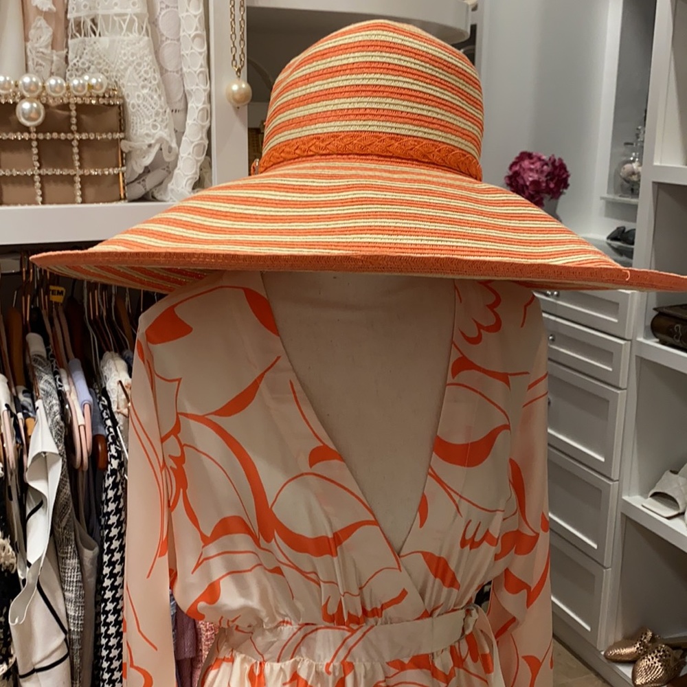 Striped Orange and Cream Wide Brim Hat - Picture 2 of 9